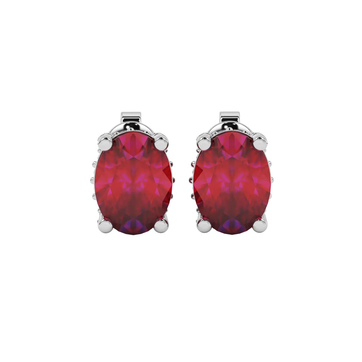 Oval cut raspberry red gemstone earrings, white gold pavé basket setting.