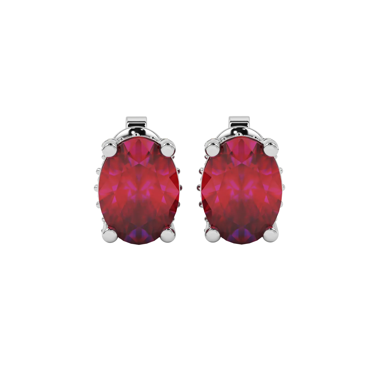 Oval cut raspberry red gemstone earrings, white gold pavé basket setting.
