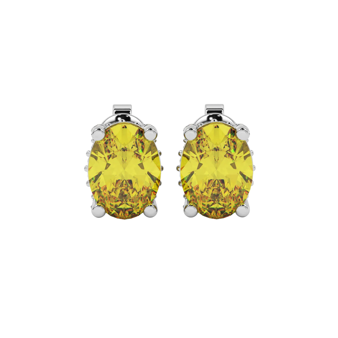 Oval cut canary yellow gemstone earrings, white gold pavé basket setting.