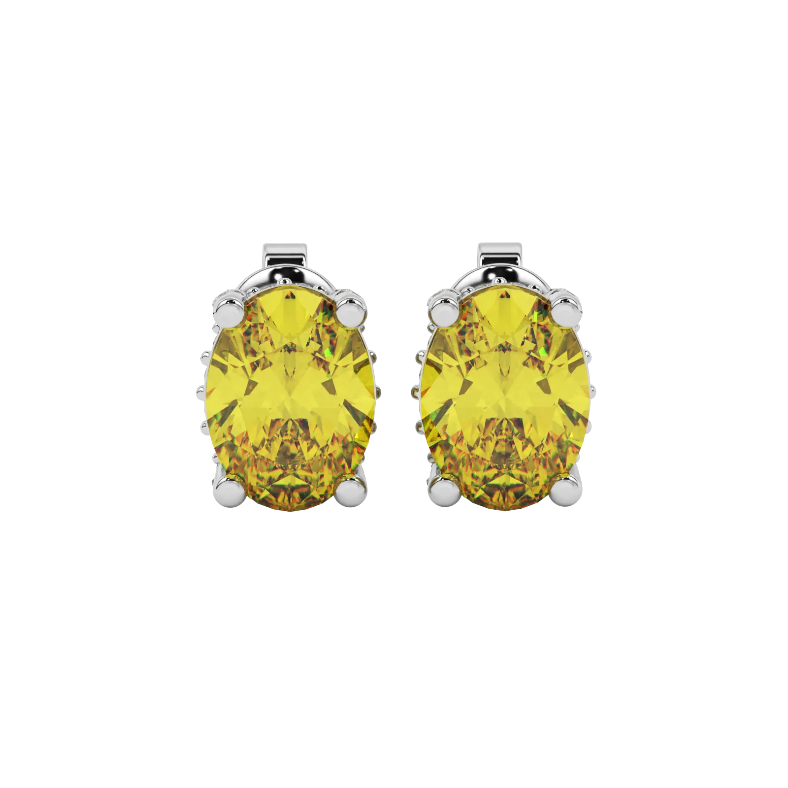 Oval cut canary yellow gemstone earrings, white gold pavé basket setting.