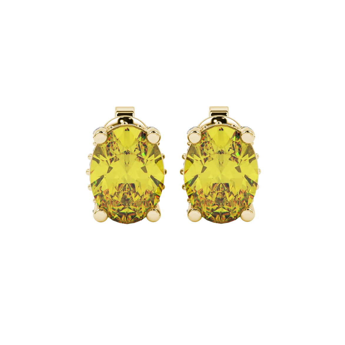 Oval cut canary yellow gemstone earrings, yellow gold pavé basket setting.