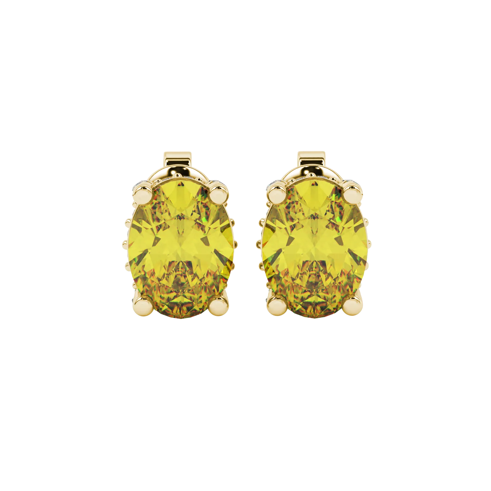 Oval cut canary yellow gemstone earrings, yellow gold pavé basket setting.