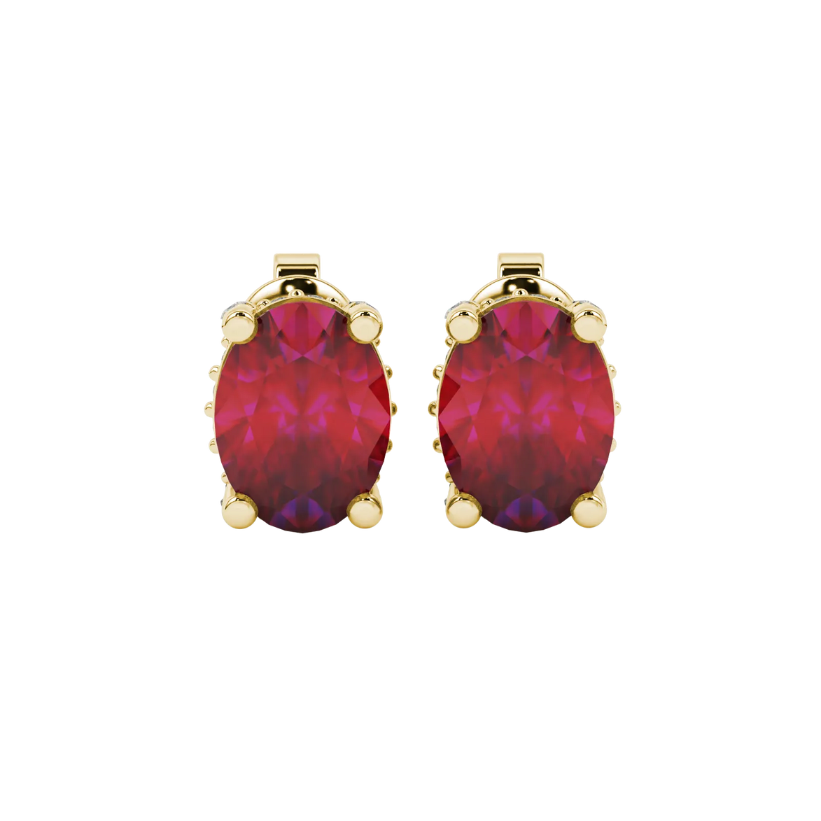 Oval cut raspberry red gemstone earrings, yellow gold pavé basket setting.