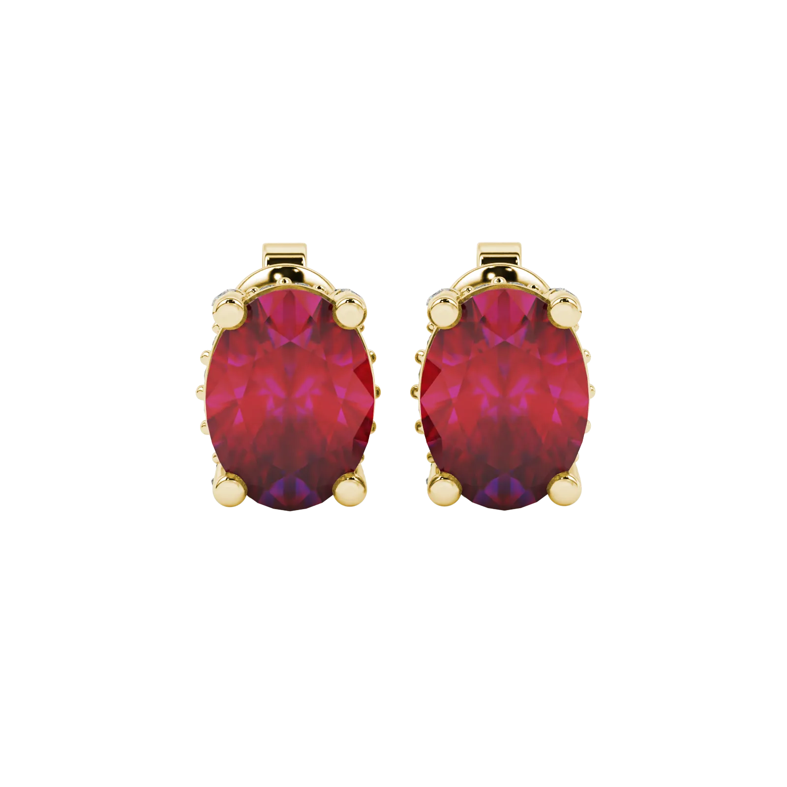 Oval cut raspberry red gemstone earrings, yellow gold pavé basket setting.