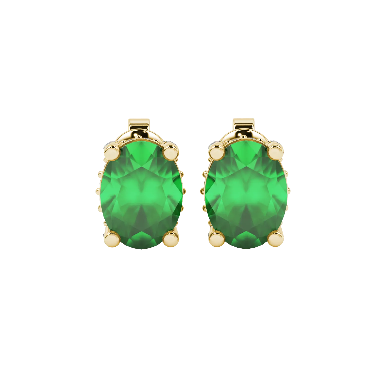 Oval cut emerald green gemstone earrings, yellow gold pavé basket setting.
