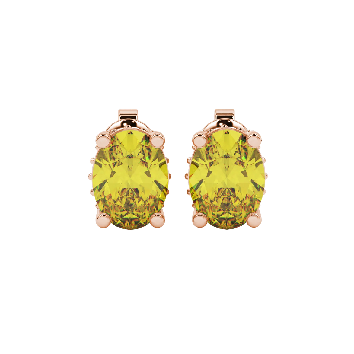 Oval cut canary yellow gemstone earrings, rose gold pavé basket setting.