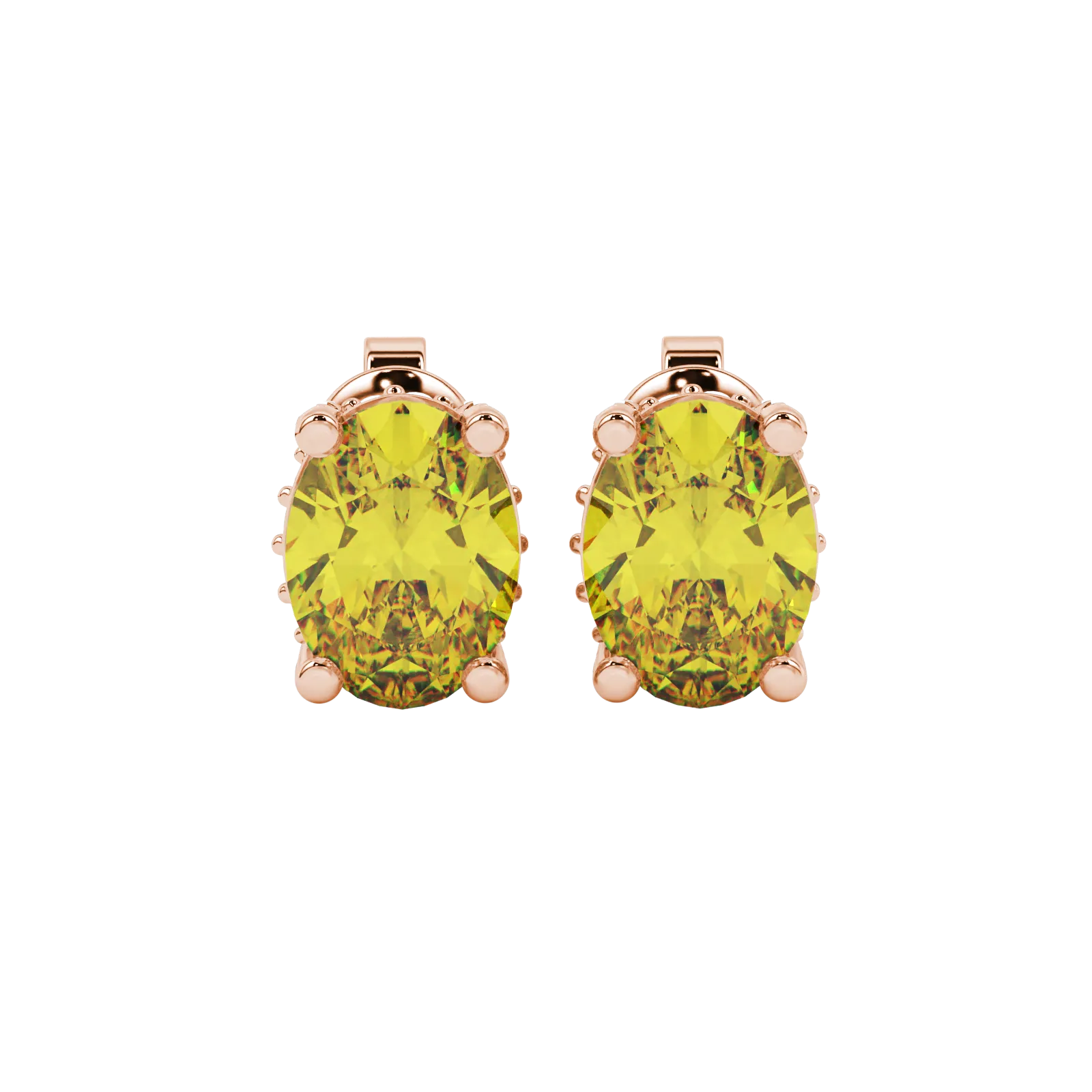 Oval cut canary yellow gemstone earrings, rose gold pavé basket setting.