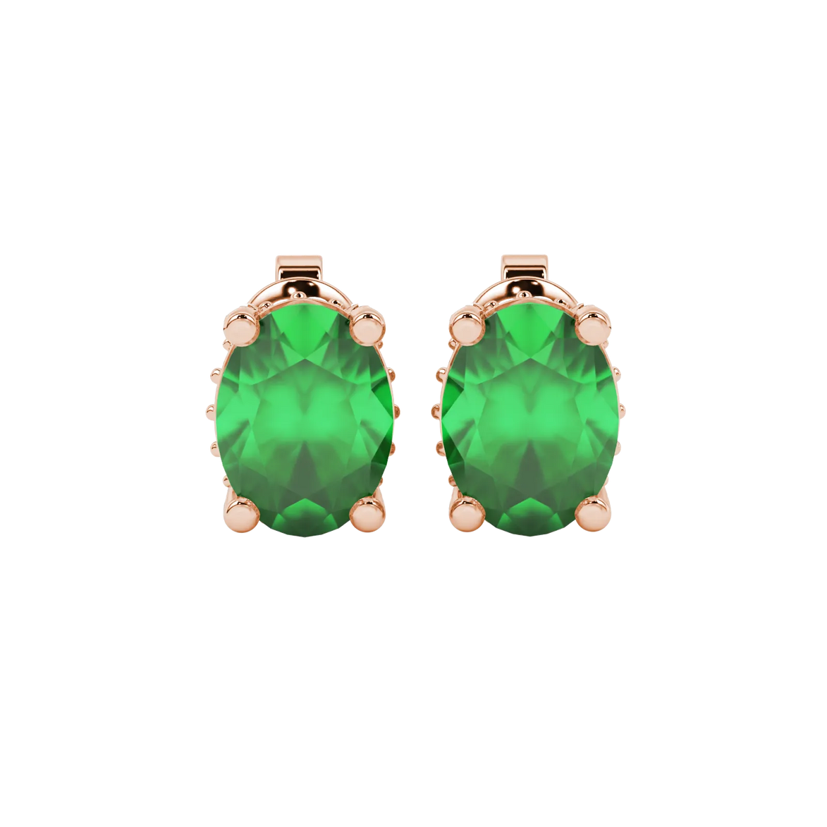 Oval cut emerald green gemstone earrings, rose gold pavé basket setting.