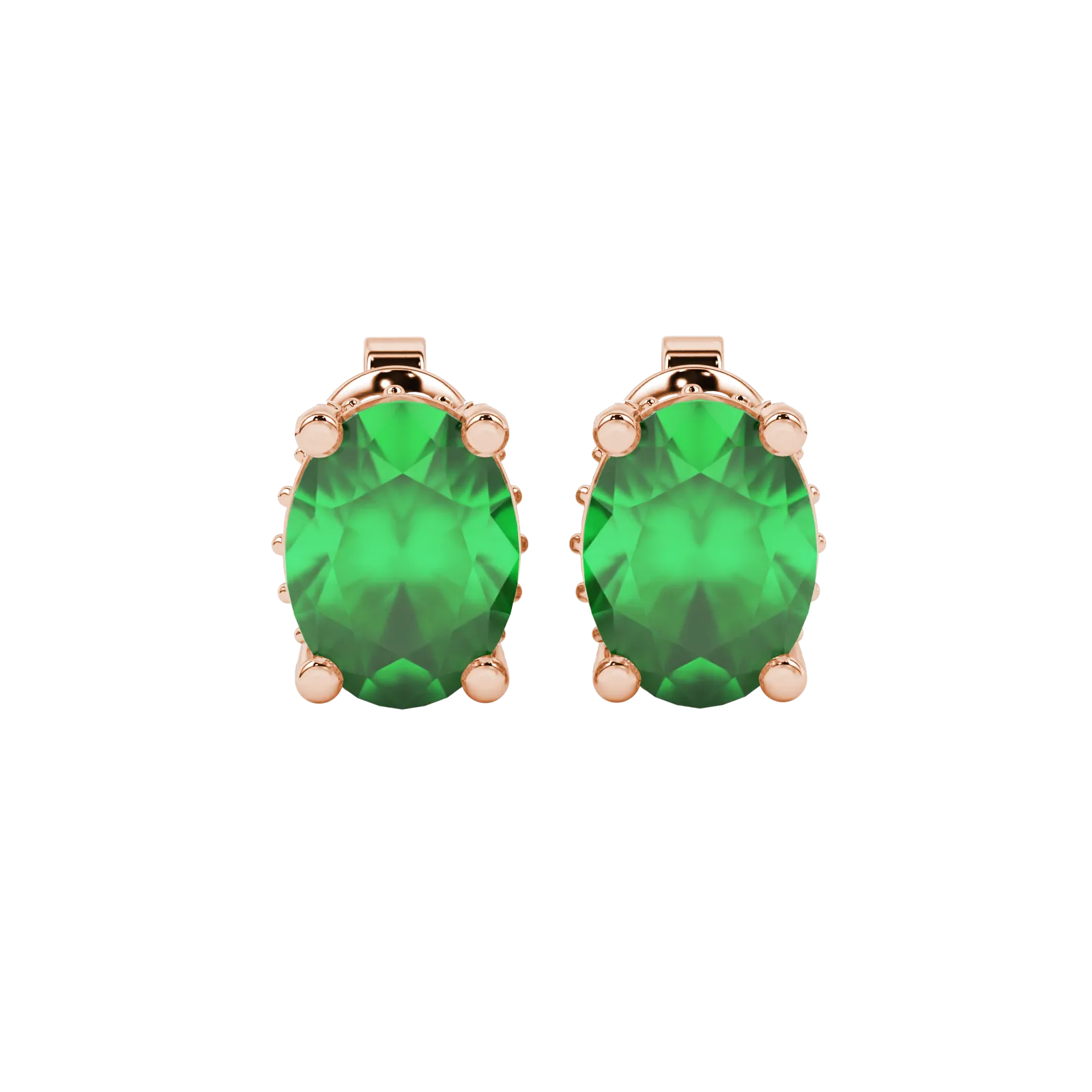 Oval cut emerald green gemstone earrings, rose gold pavé basket setting.