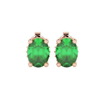 Oval cut emerald green gemstone earrings, rose gold pavé basket setting.