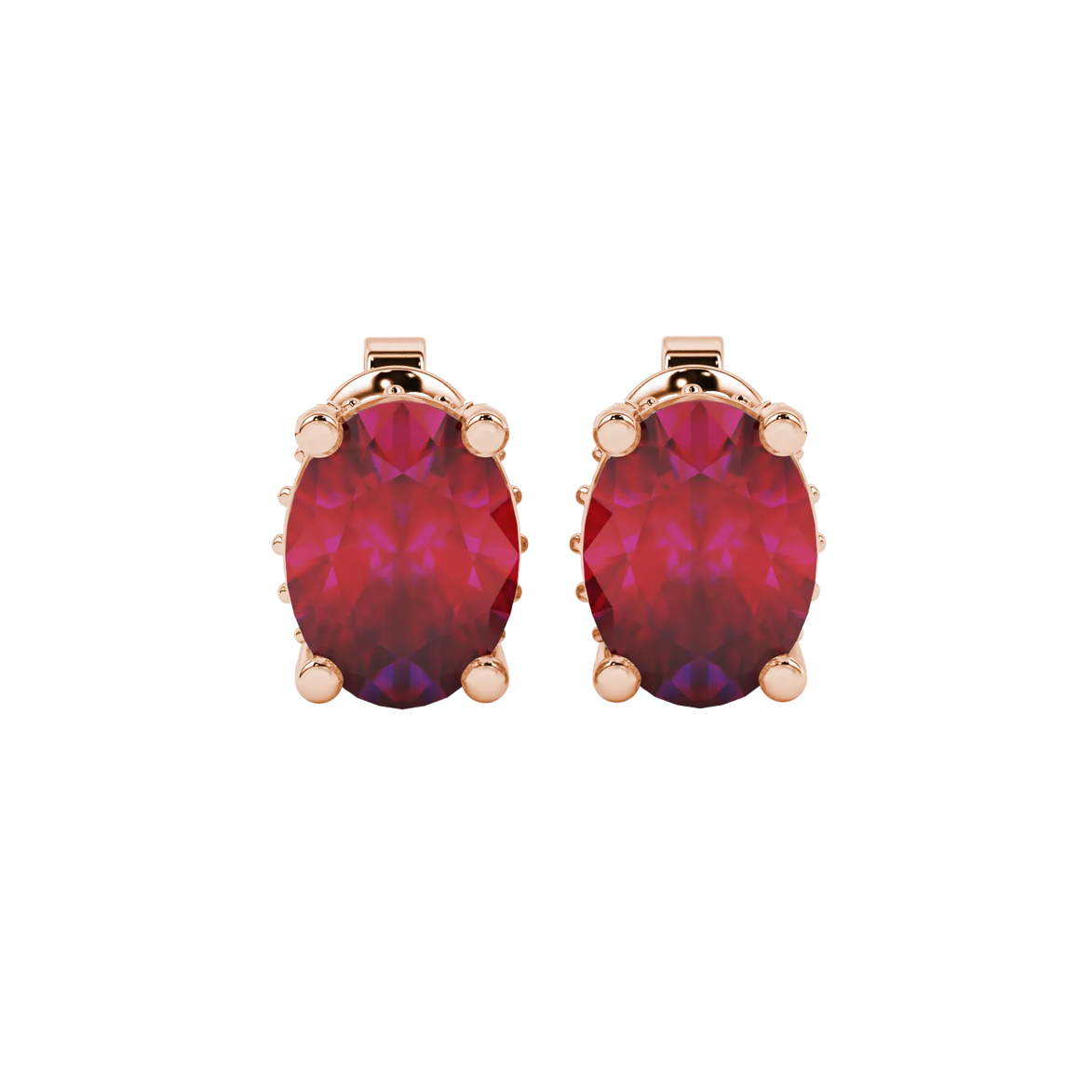 Oval cut raspberry red gemstone earrings, rose gold pavé basket setting.