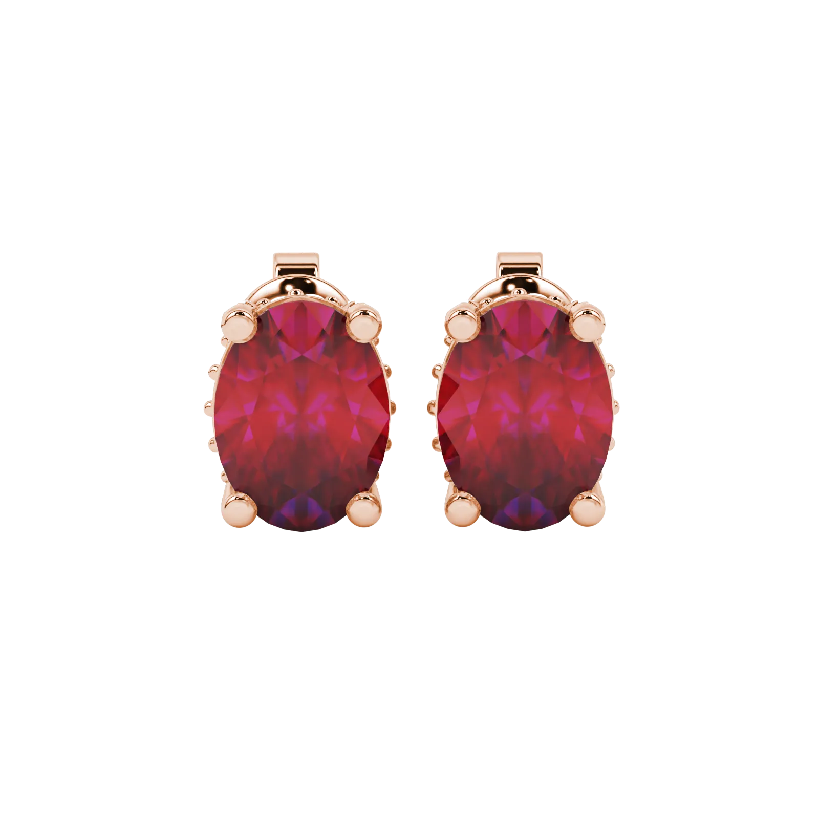 Oval cut raspberry red gemstone earrings, rose gold pavé basket setting.