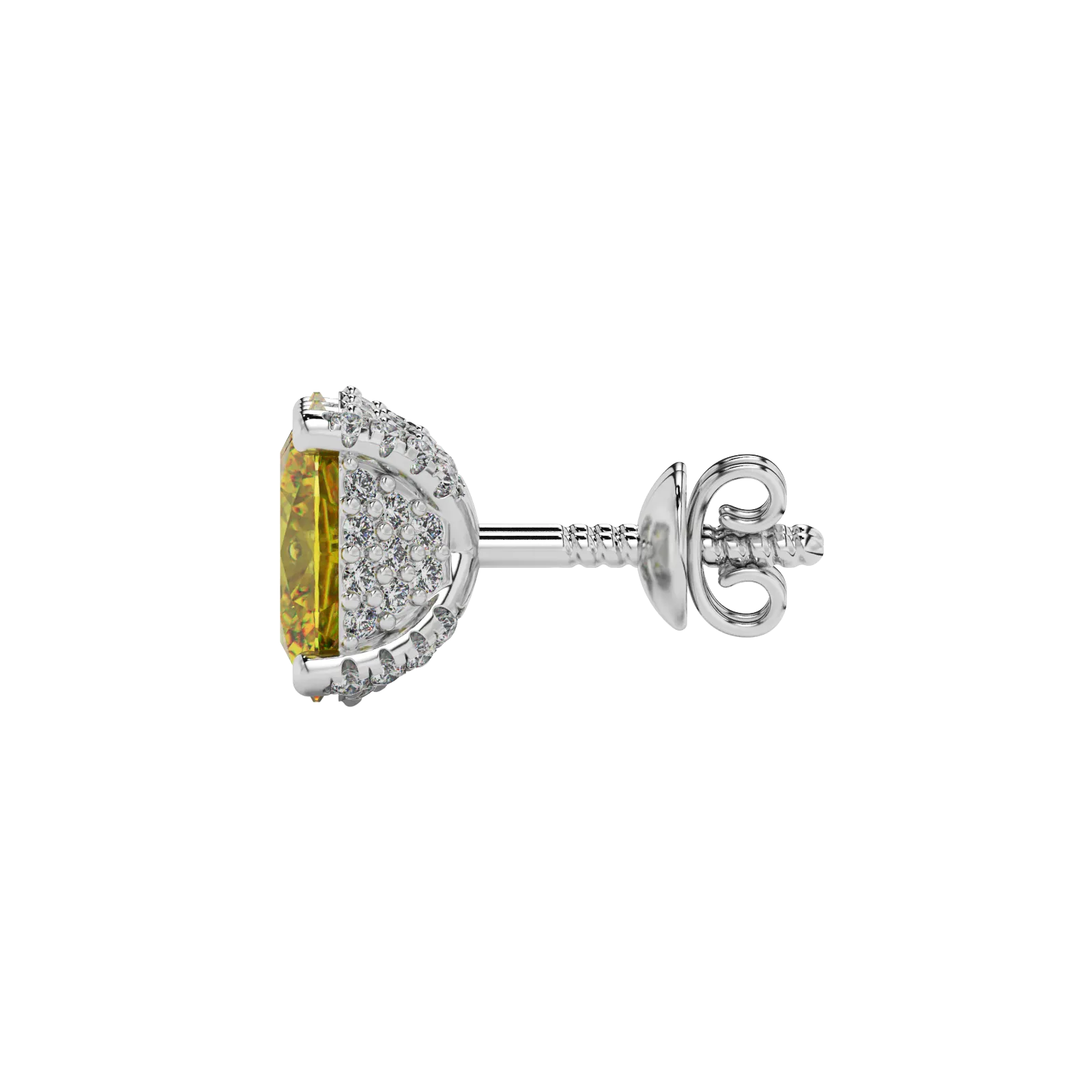 Side profile, white gold canary yellow earrings, pavé basket gallery.