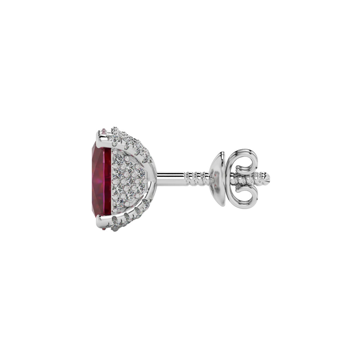 Side profile, white gold raspberry red earrings, pavé basket gallery.