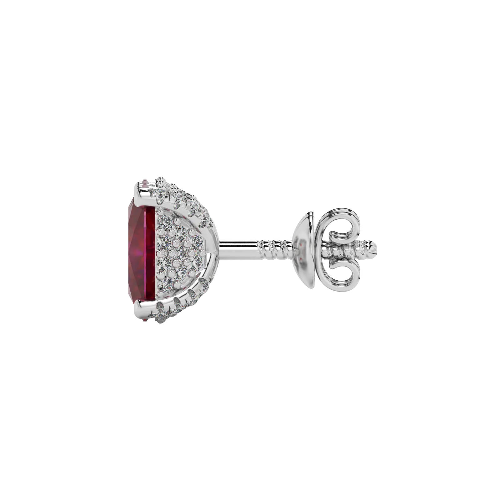 Side profile, white gold raspberry red earrings, pavé basket gallery.