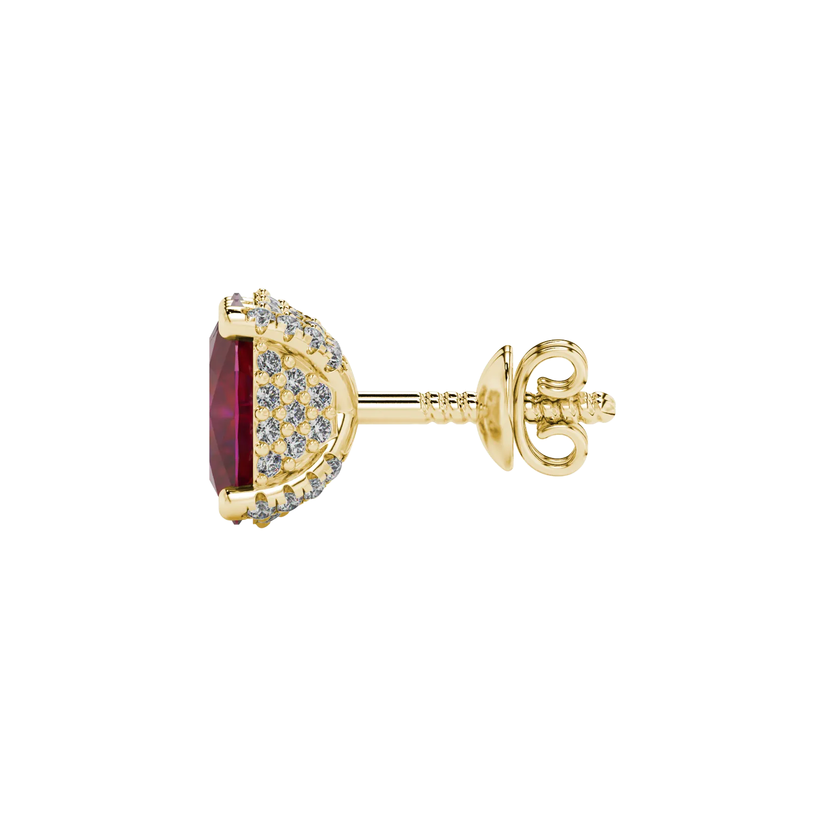 Side profile, yellow gold raspberry red earrings, pavé basket gallery.