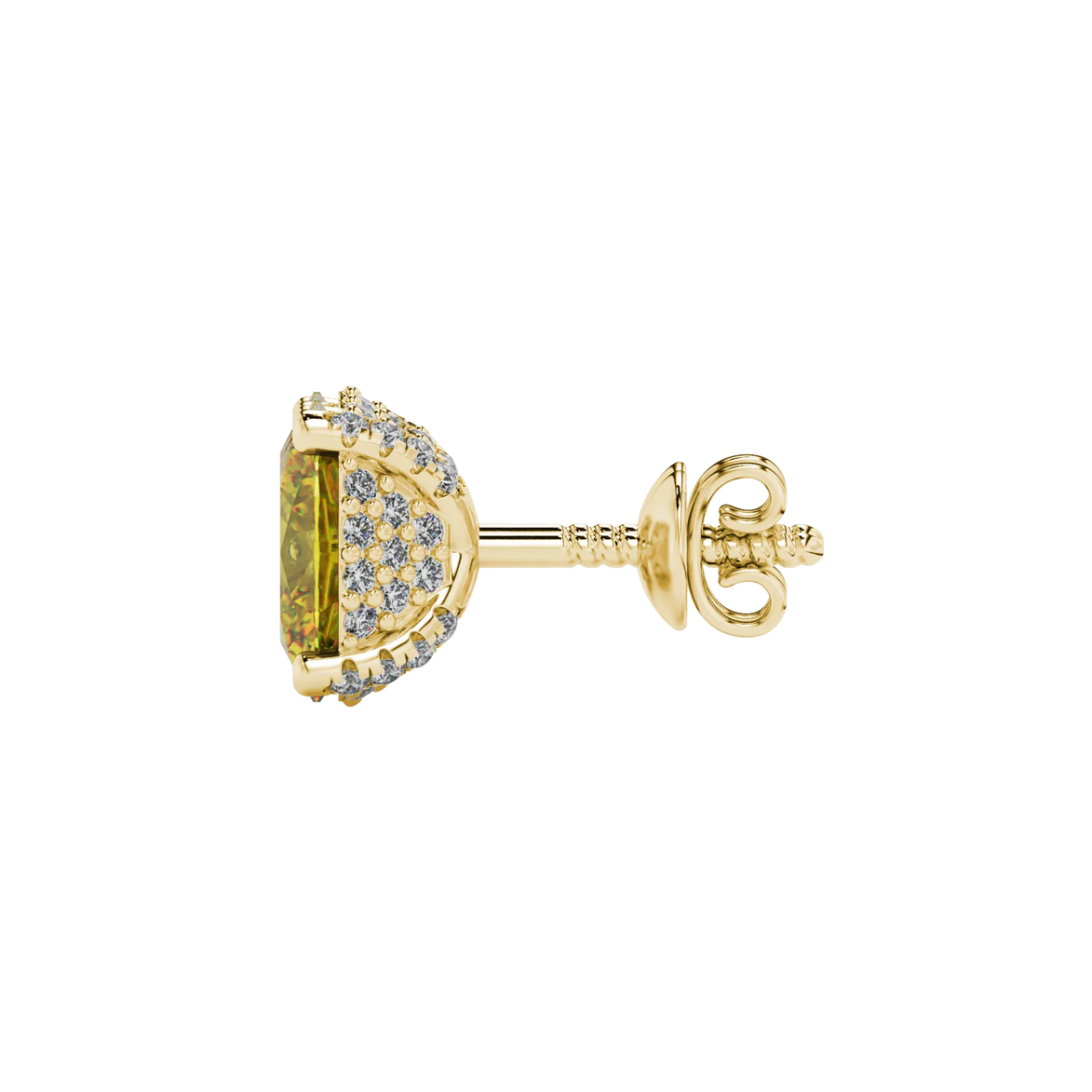 Side profile, yellow gold canary yellow earrings, pavé basket gallery.
