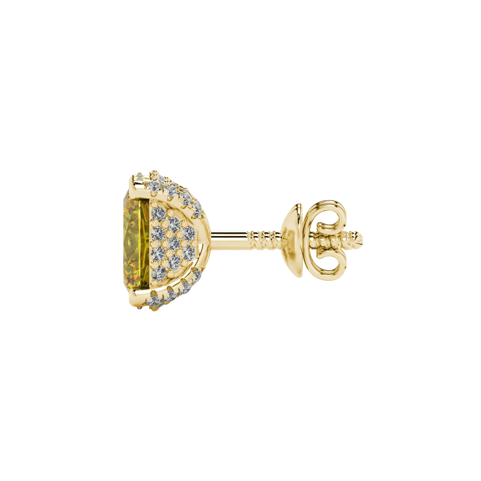 Side profile, yellow gold canary yellow earrings, pavé basket gallery.