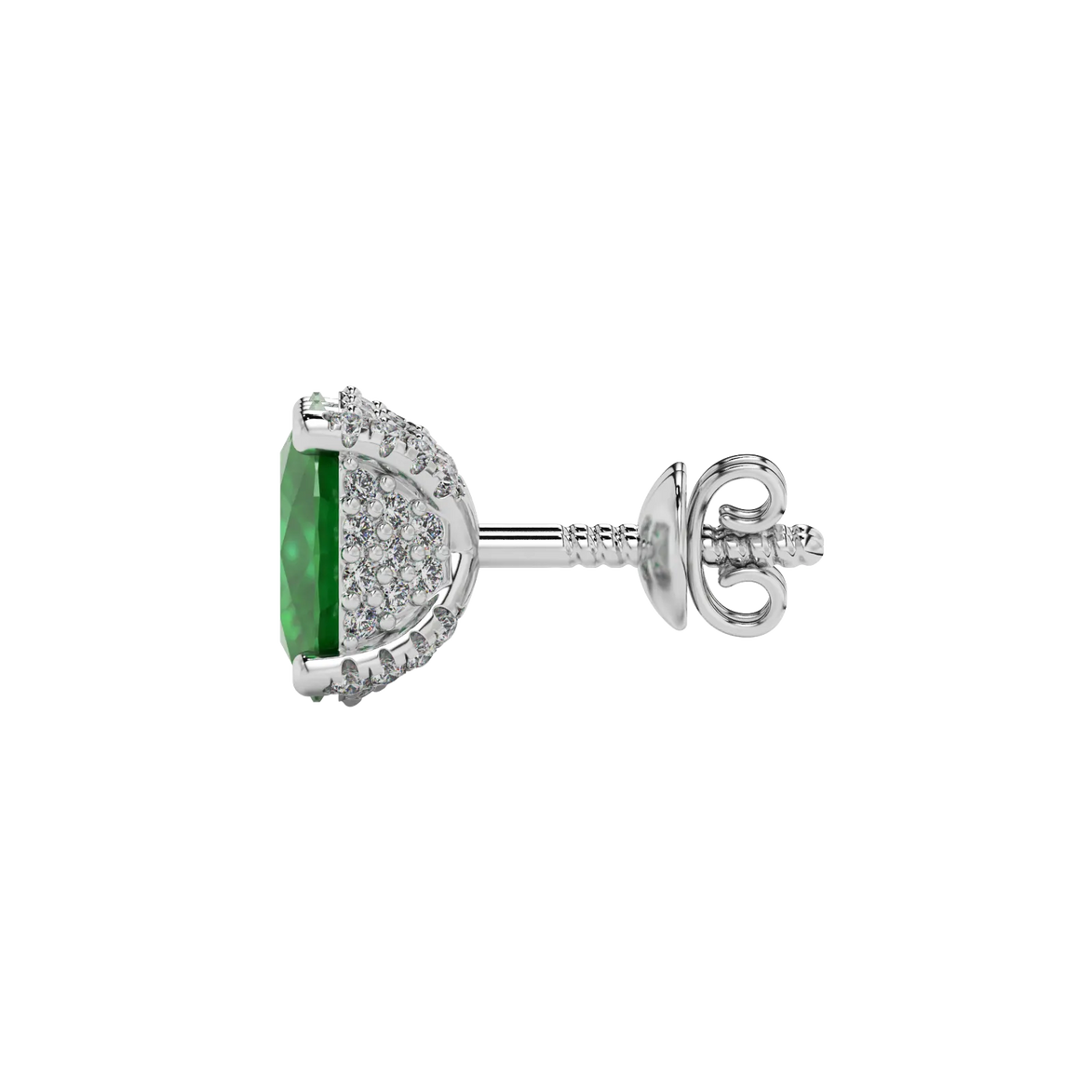 Side profile, white gold emerald green earrings, pavé basket gallery.