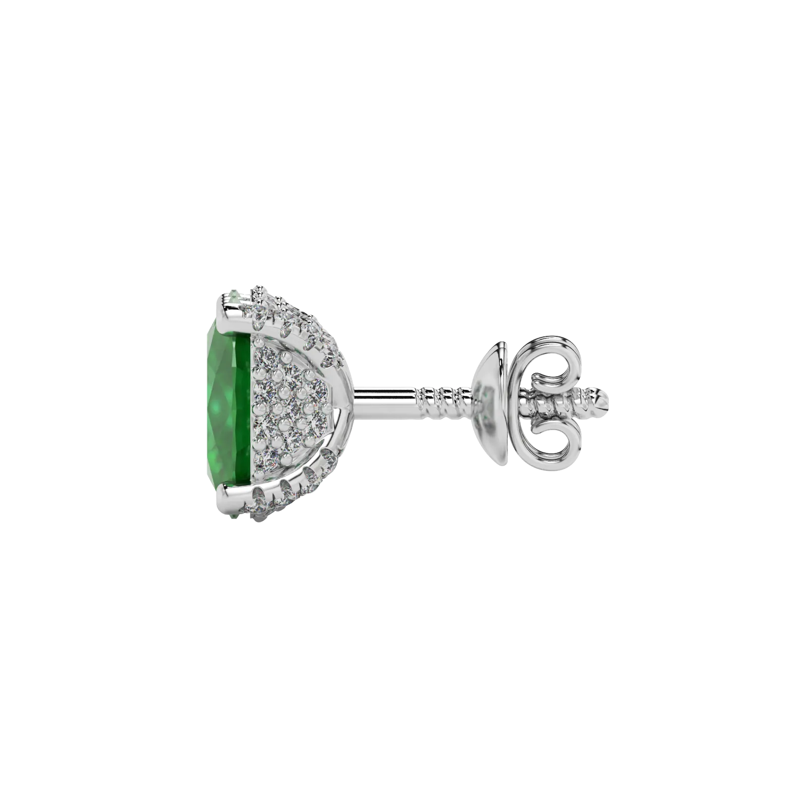 Side profile, white gold emerald green earrings, pavé basket gallery.