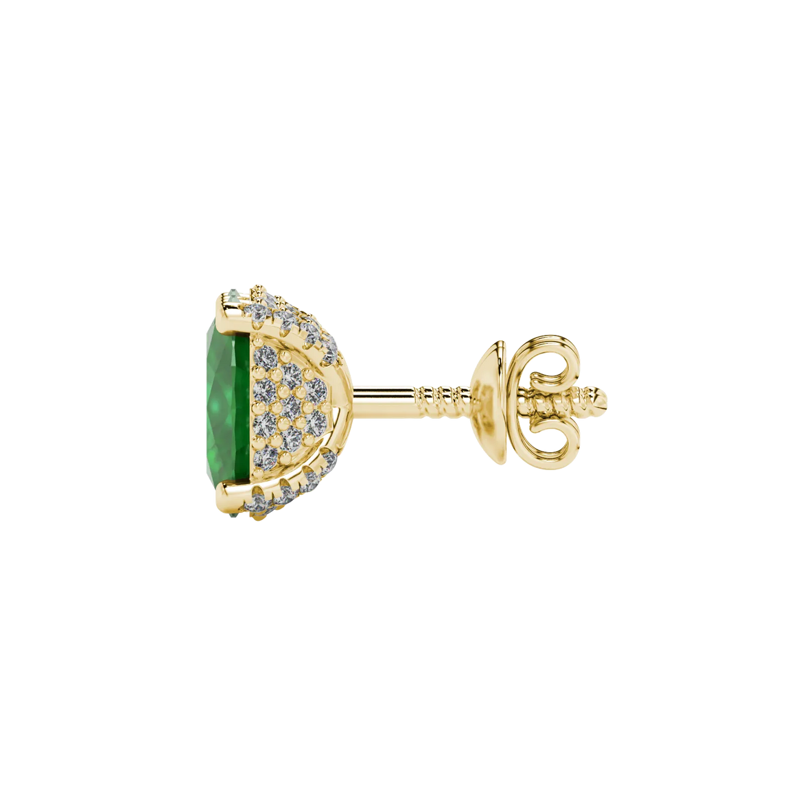 Side profile, yellow gold emerald green earrings, pavé basket gallery.