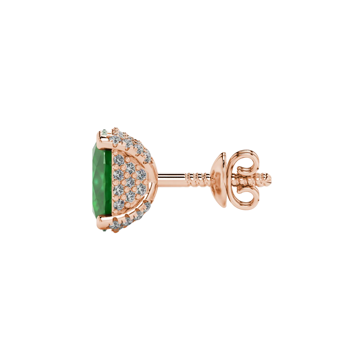 Side profile, rose gold emerald green earrings, pavé basket gallery.