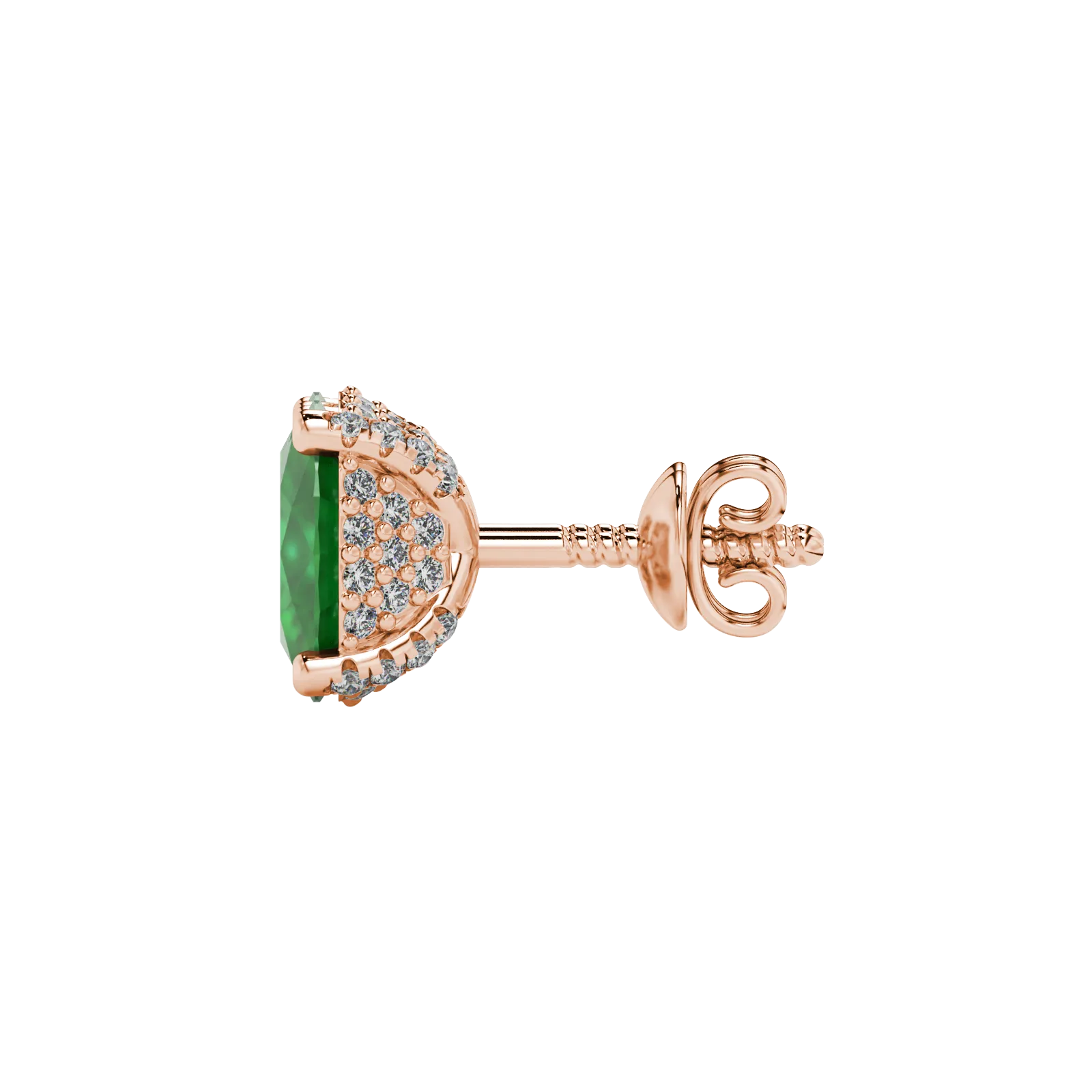 Side profile, rose gold emerald green earrings, pavé basket gallery.