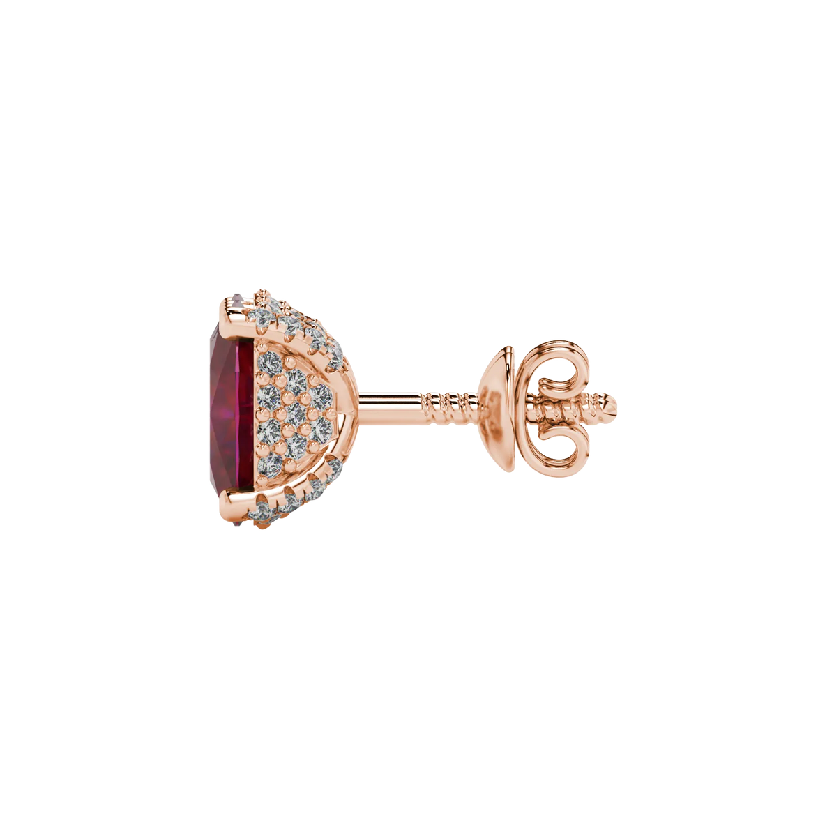 Side profile, rose gold raspberry red earrings, pavé basket gallery.