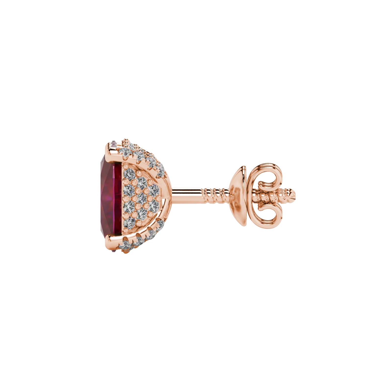 Side profile, rose gold raspberry red earrings, pavé basket gallery.