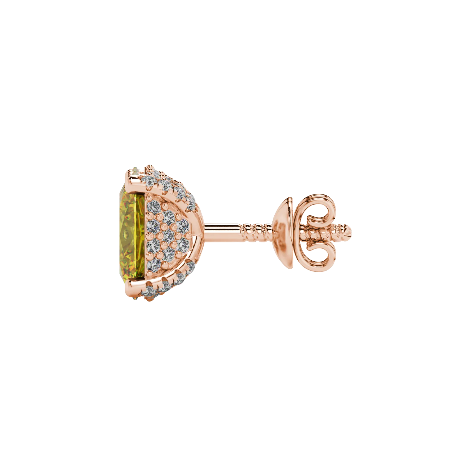 Side profile, rose gold canary yellow earrings, pavé basket gallery.