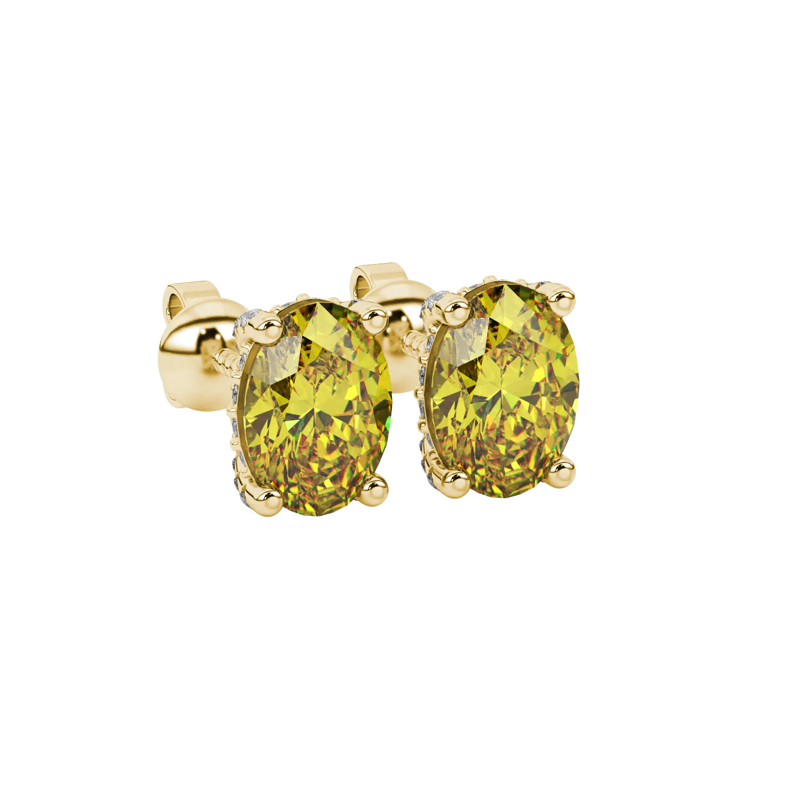 Close-up, oval cut canary yellow gemstone, yellow gold pavé basket earrings.