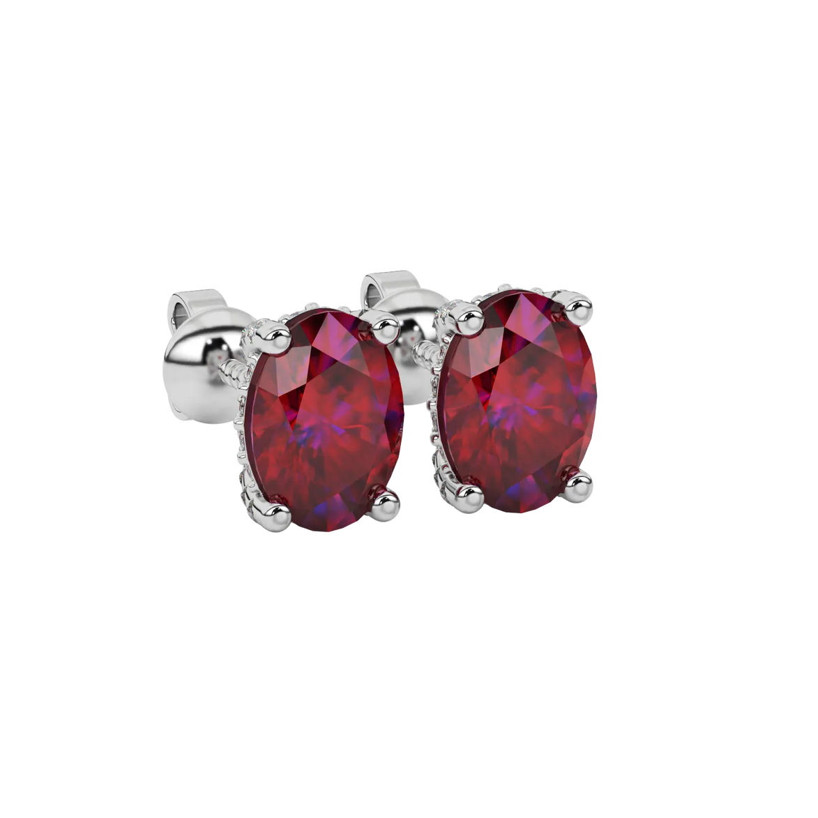 Close-up oval cut raspberry red gemstone earing, white gold pavé basket.