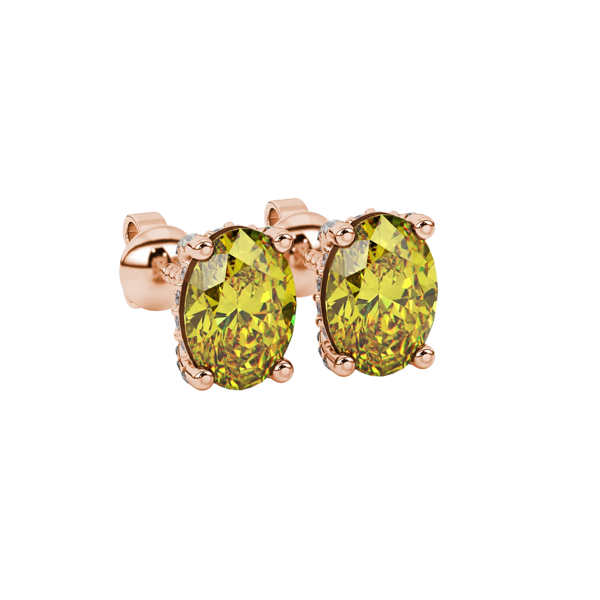 Close-up, oval cut canary yellow gemstone earrings, rose gold pavé basket.