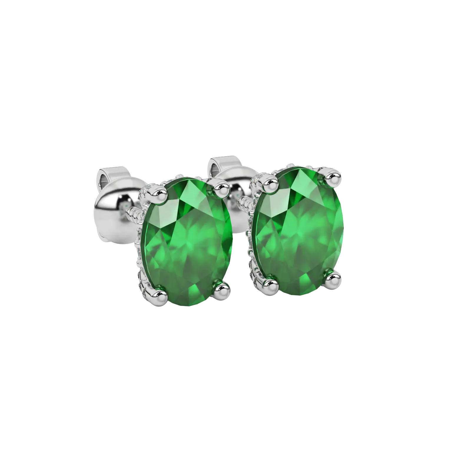 Close-up oval cut emerald green gemstone earing, white gold pavé basket.