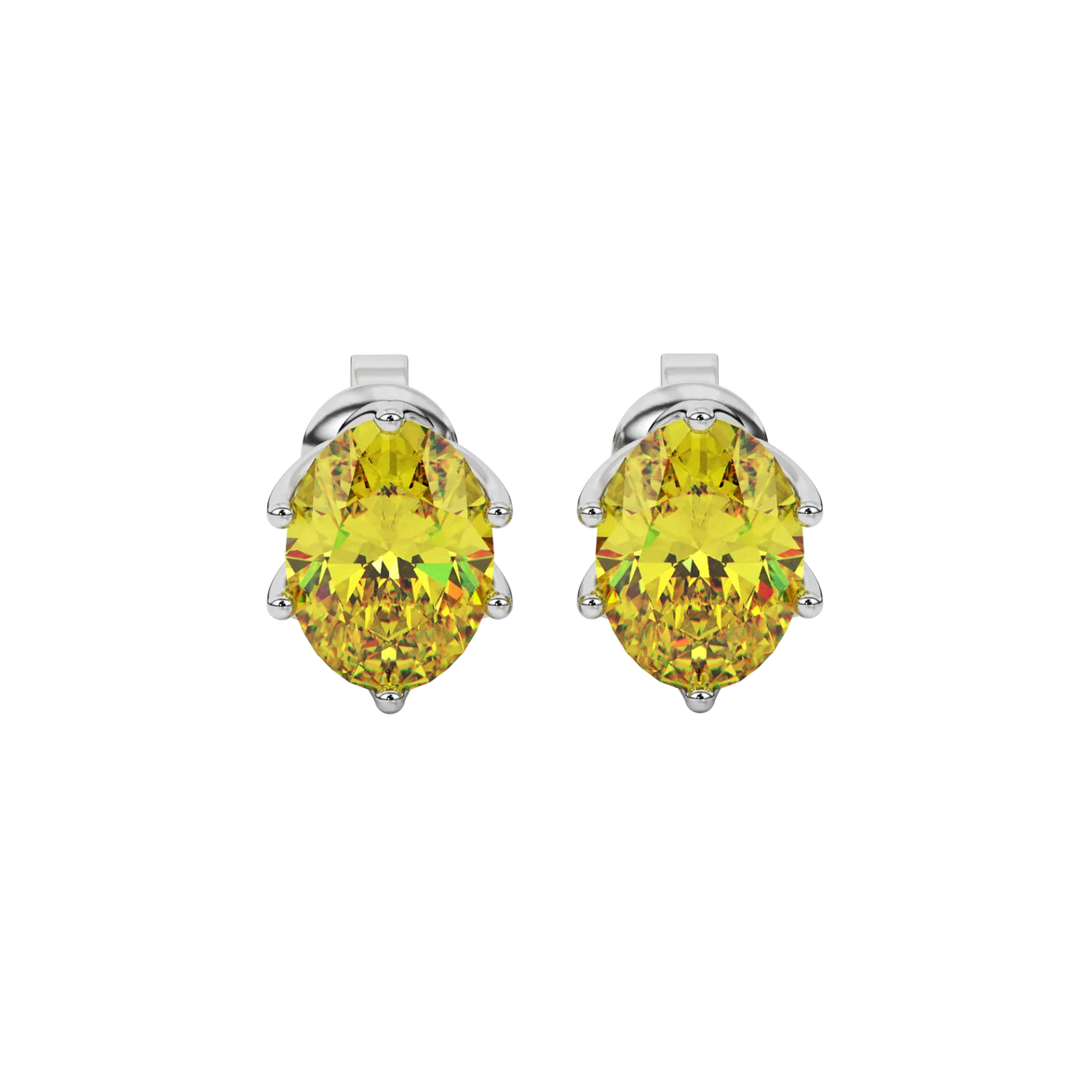 Oval cut canary yellow gemstone earrings, white gold scalloped six prong setting.