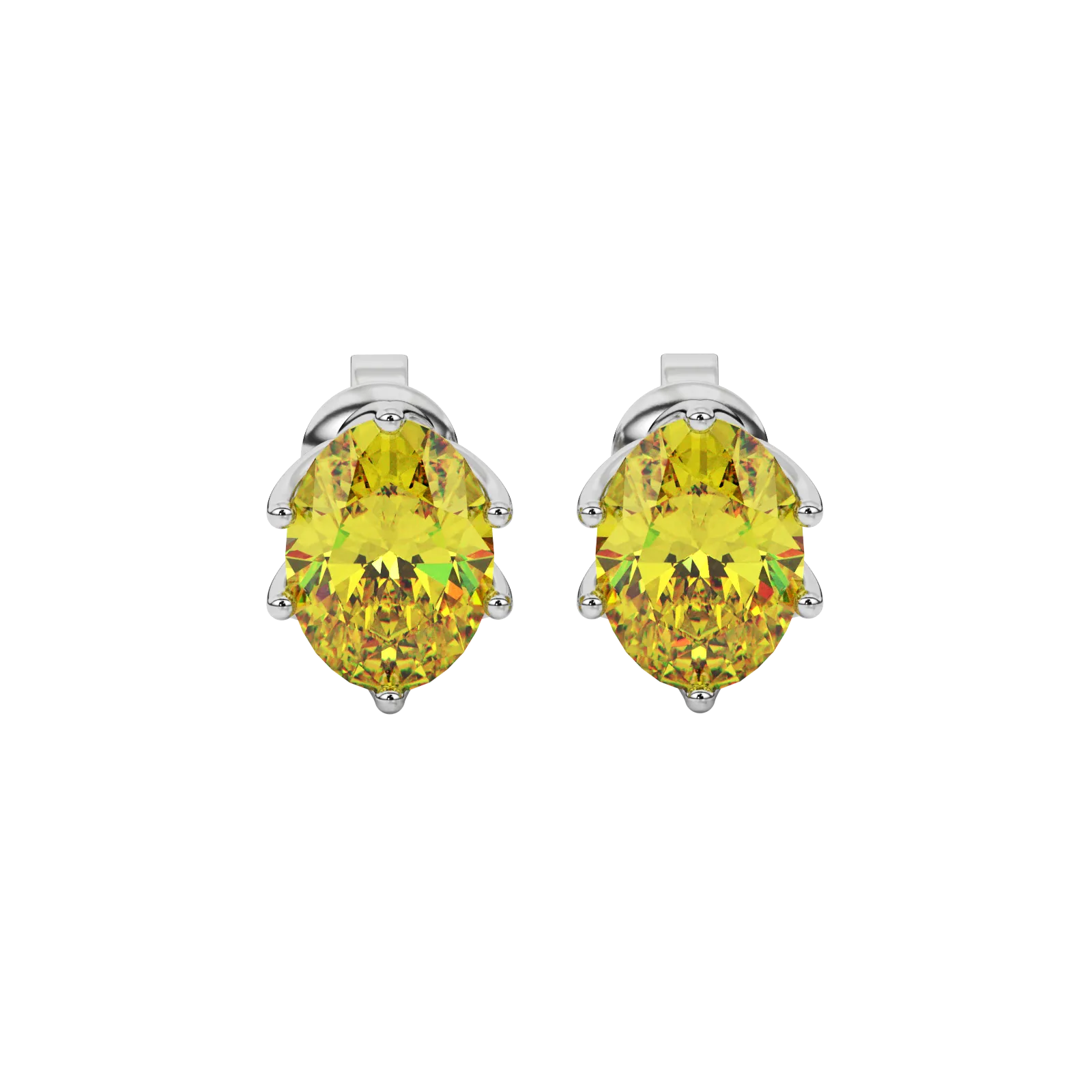 Oval cut canary yellow gemstone earrings, white gold scalloped six prong setting.