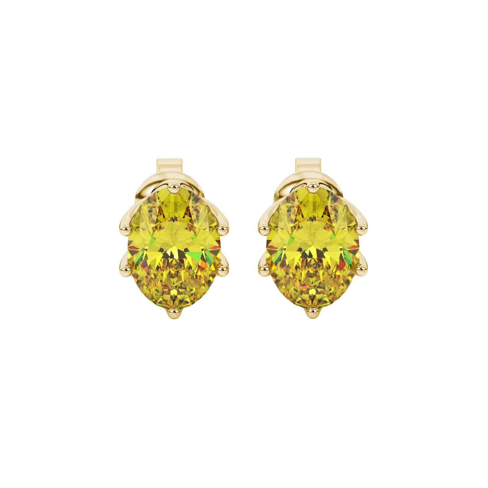 Oval cut canary yellow gemstone earrings, yellow gold scalloped six prong setting.