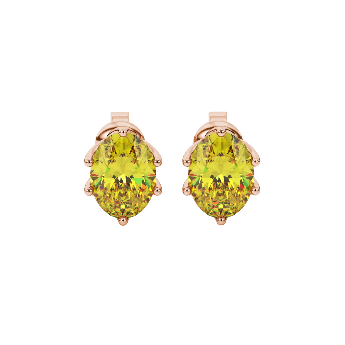 Oval cut canary yellow gemstone earrings, rose gold scalloped six prong setting.