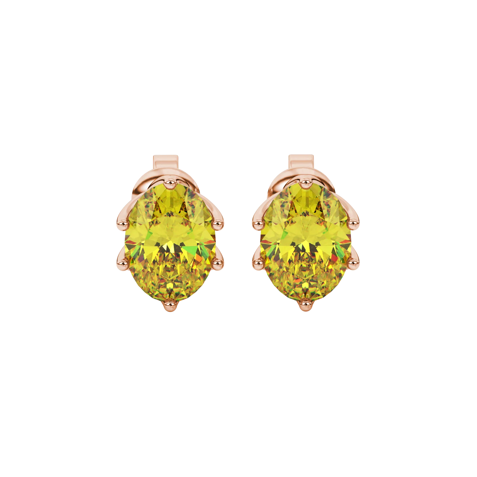 Oval cut canary yellow gemstone earrings, rose gold scalloped six prong setting.