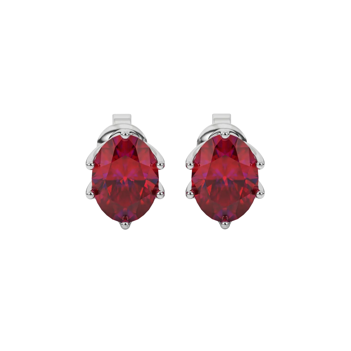 Oval cut raspberry red gemstone earrings, white gold scalloped six prong setting