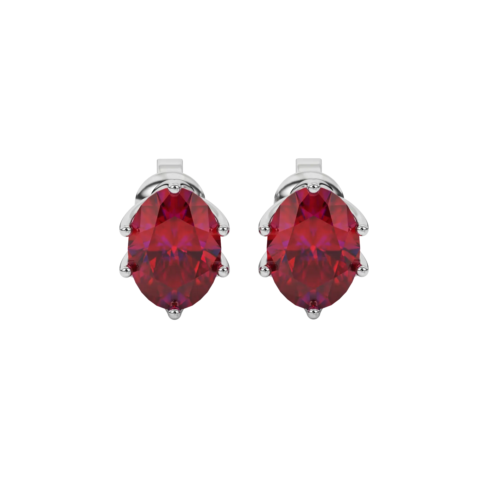 Oval cut raspberry red gemstone earrings, white gold scalloped six prong setting
