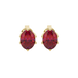 Oval cut raspberry red gemstone earrings, yellow gold scalloped six prong setting.