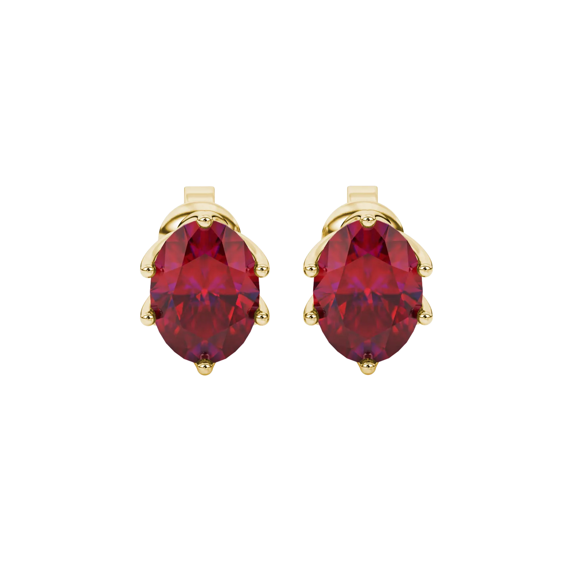 Oval cut raspberry red gemstone earrings, yellow gold scalloped six prong setting.