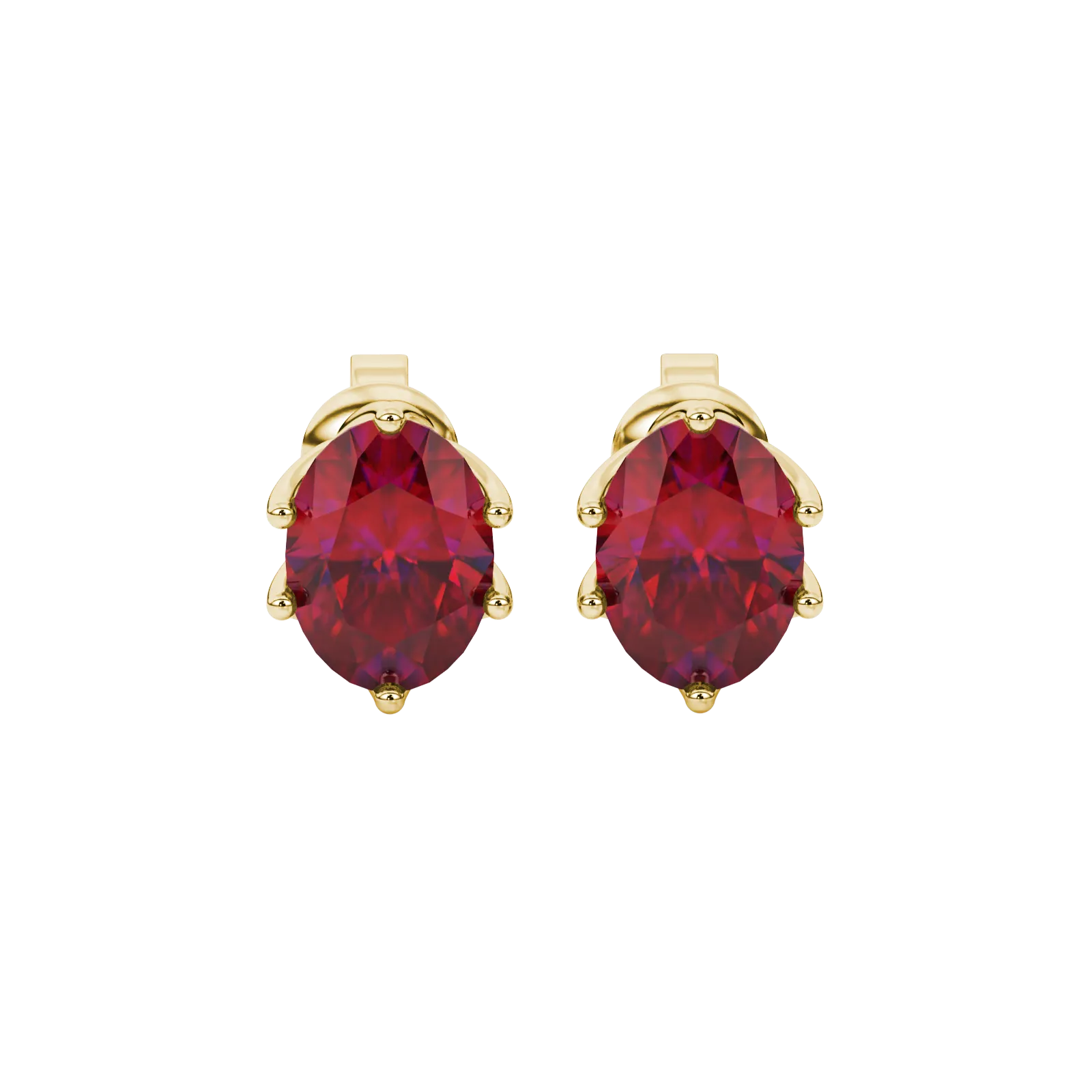 Oval cut raspberry red gemstone earrings, yellow gold scalloped six prong setting.