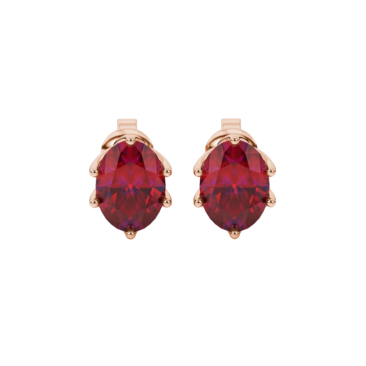 Oval cut raspberry red gemstone earrings, rose gold scalloped six prong setting.