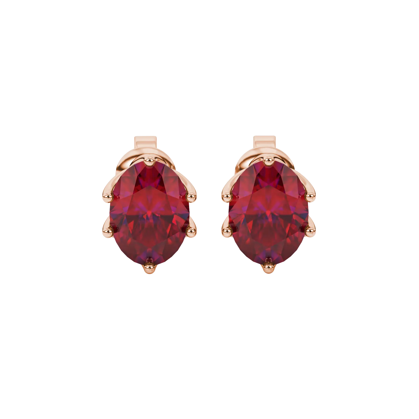 Oval cut raspberry red gemstone earrings, rose gold scalloped six prong setting.