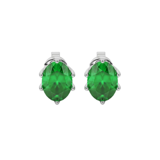 Oval cut emerald green gemstone earrings, white gold scalloped six prong setting.