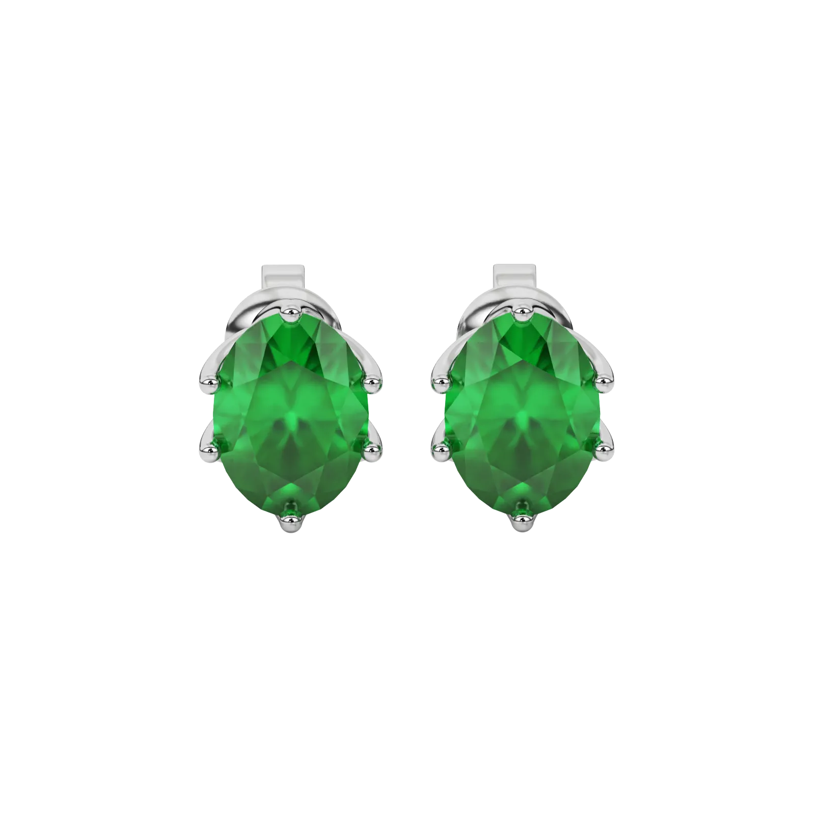 Oval cut emerald green gemstone earrings, white gold scalloped six prong setting.