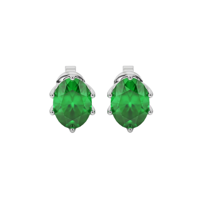 Oval cut emerald green gemstone earrings, white gold scalloped six prong setting.