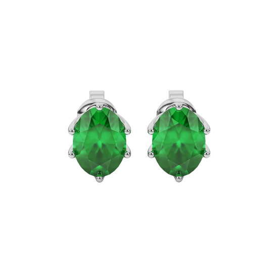 Oval cut emerald green gemstone earrings, white gold scalloped six prong setting.